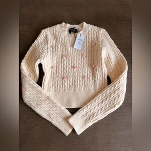 Cider Cream Cable knit Sweater with Pink Floral Details